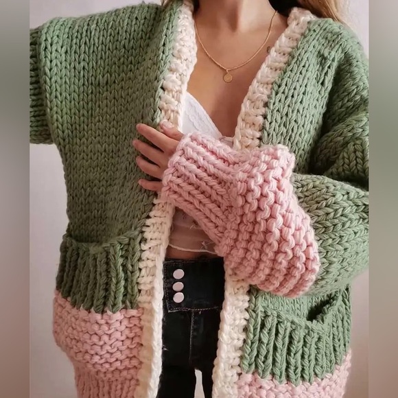 Cardigan sweater boho knit puff sleeve thick chic chunky green pink - Picture 5 of 14